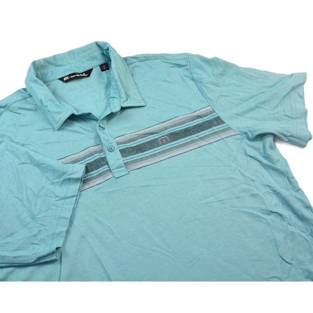 TravisMathew Mens XL Teal Blue Striped Pima Cotton Blend Short Sleeve Polo Shirt - Picture 1 of 10